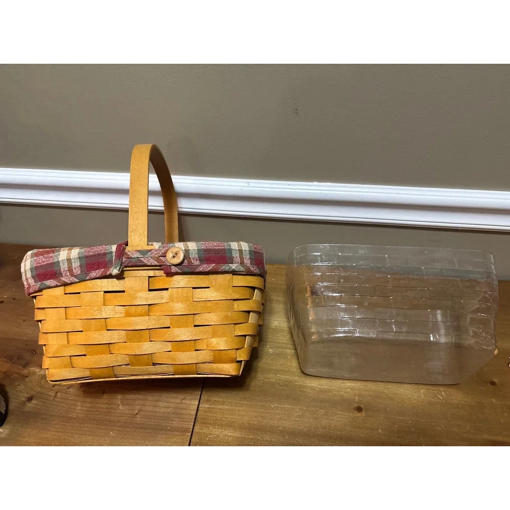 Handwoven Wood Splint Basket with Red Plaid Liner and Plastic Protector Honey